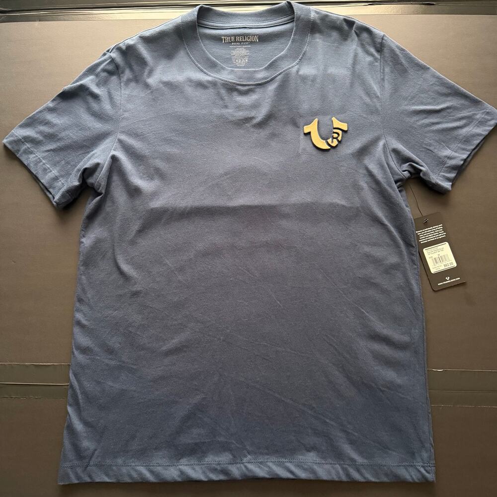 True Religion World Tour Crew Tee Mens M Dress Blue NWT Horseshoe Logo 700163